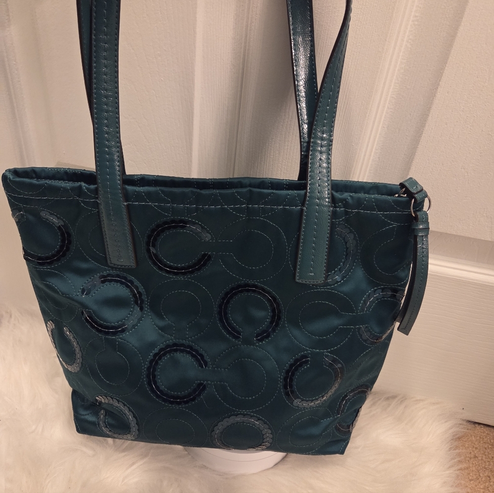 Coach Teal Signature "C" Tote With Sequins - Picture 9 of 9